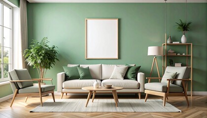 Modern living room with light green accent wall and empty wall poster mockup. Ideal for showcasing artwork, ad design, or photography in a clean and stylish interior