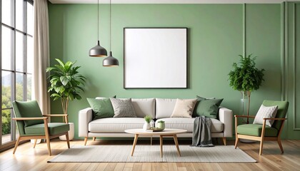Modern living room with light green accent wall and empty wall poster mockup. Ideal for showcasing artwork, ad design, or photography in a clean and stylish interior