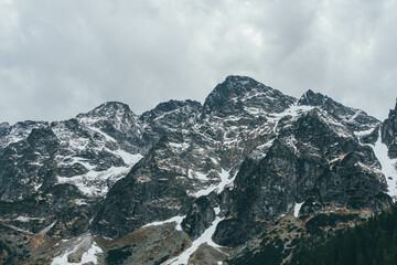 view of high tatras peaks snowed sharp with forest and cloudy day mountain