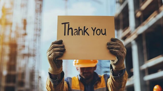 Construction workers show appreciation by holding a sign that says thank you at a busy site under clear blue skies
