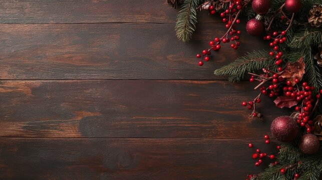 An elegant arrangement of holiday decorations featuring pine, berries, and ornaments, capturing the essence of the festive season in a cozy and inviting ambiance.