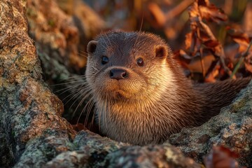 Otter Resting Comfortably Beside Tree Roots in Soft Mud Under Natural Light