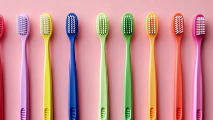 A lineup of toothbrushes in multiple colors sits against a pink backdrop, highlighting the importance of dental care and hygiene