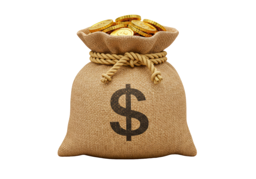 Isolated Burlap Sack Full of Gold Coins with Dollar Sign