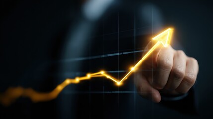 Business growth concept, symbolized by increasing sales, rising revenue, upward progress shown through arrow graph, representing future success, investment profit.
