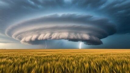 A dramatic supercell thunderstorm with lightning strikes over a golden wheat field. Ominous and powerful extreme weather in a rural landscape during summer.

 - Powered by Adobe