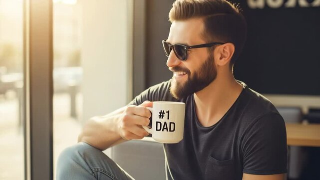 Profile of a cool, bearded young man with sunglasses smiling while holding a number one dad coffee mug. Happy Father's Day concept in a sunny cafe.


