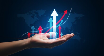 Person's hand presenting financial growth charts arrows upward showing economic success concept