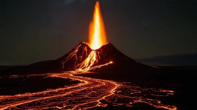A volcano erupts at night with glowing red lava flows and smoke against a starry sky. Powerful strombolian eruption in Iceland or a similar volcanic region.

