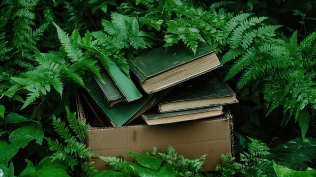 An intriguing collection of vintage books partially hidden in rich green foliage, symbolizing the intertwining of knowledge and nature in an enchanting outdoor setting.