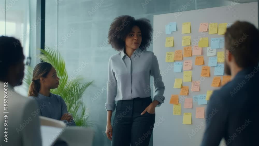 Poster Project manager explaining project details to her team during a brainstorming meeting, pointing at something while standing next to a whiteboard covered with sticky notes