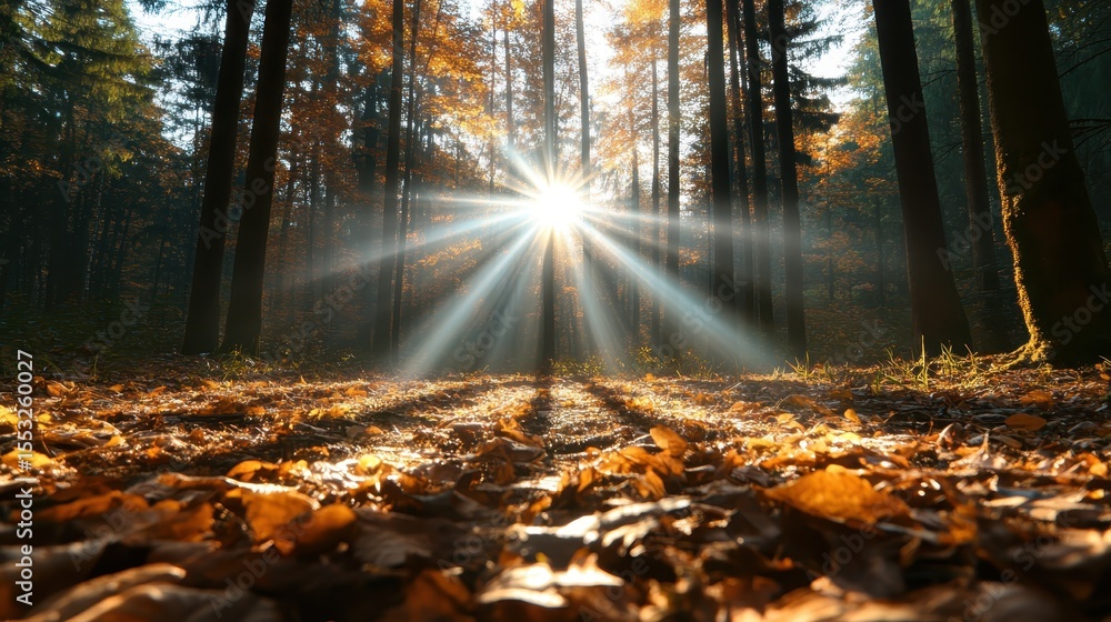 Poster a breathtaking view of sunlight streaming through a dense autumn forest, illuminating vibrant leaves