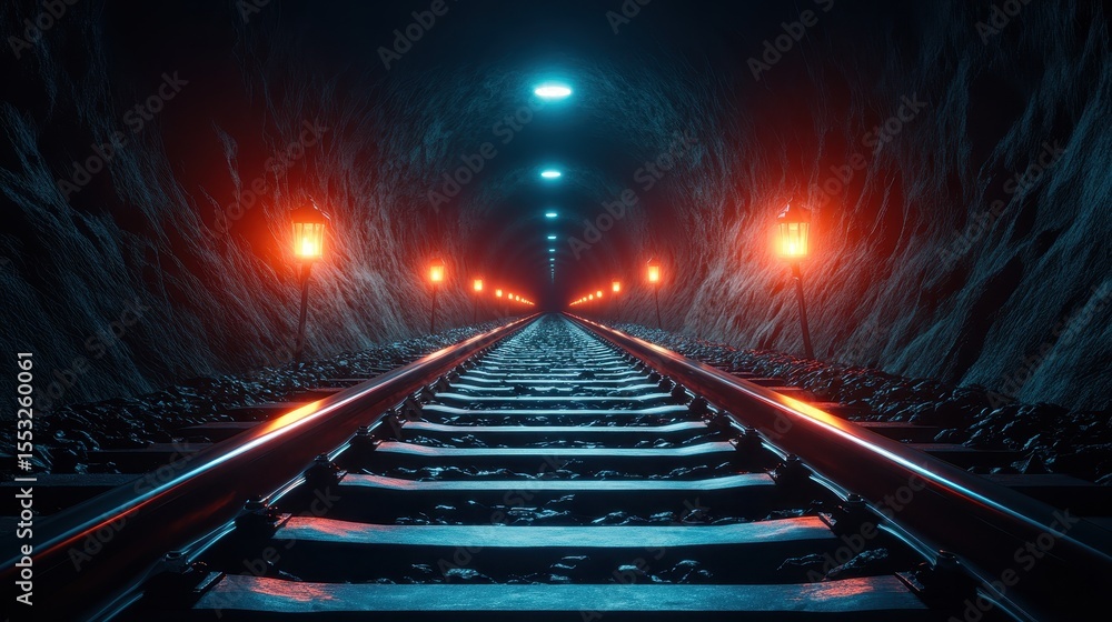 Poster an atmospheric view of a dimly lit tunnel featuring glowing lanterns and railroad tracks receding in