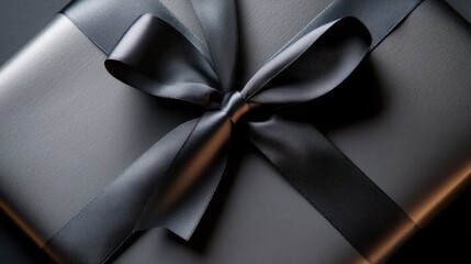 A classy black gift box adorned with a luxurious satin ribbon bow, representing elegance and celebration, ideal for special occasions and thoughtful gift-giving.