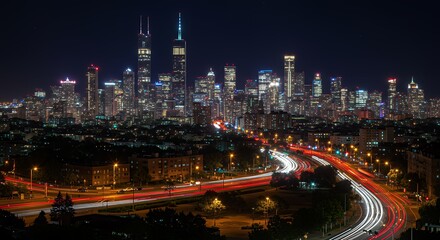 Fototapeta premium Dynamic City Night Skyline with Blurry Light Trails
