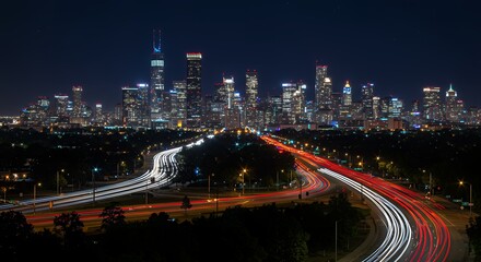 Wide City Night Skyline with Illuminated Buildings and Roads