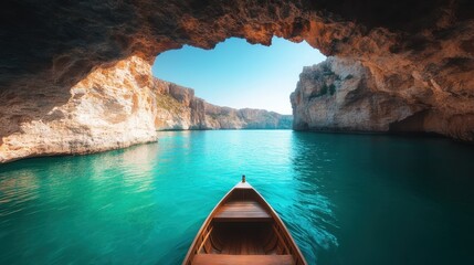 A tranquil scene featuring a wooden kayak on crystal clear water, surrounded by rugged cliffs and a breathtaking natural cave entrance glowing in the sunlight, a nature lover's paradise.