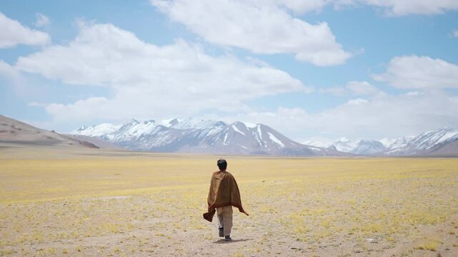 4K Rear view shot of an Indian man wearing shawl walking in front of the snowy Himalayan mountain peaks during the summer season at More Plains in Ladakh, India. Scenic view of Himalayas in Ladakh.