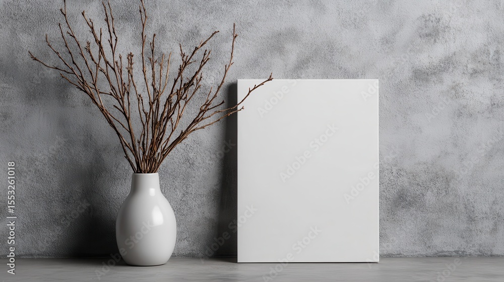 Poster a clean minimalist setup featuring a blank canvas beside a simple vase with branches, perfect for ar