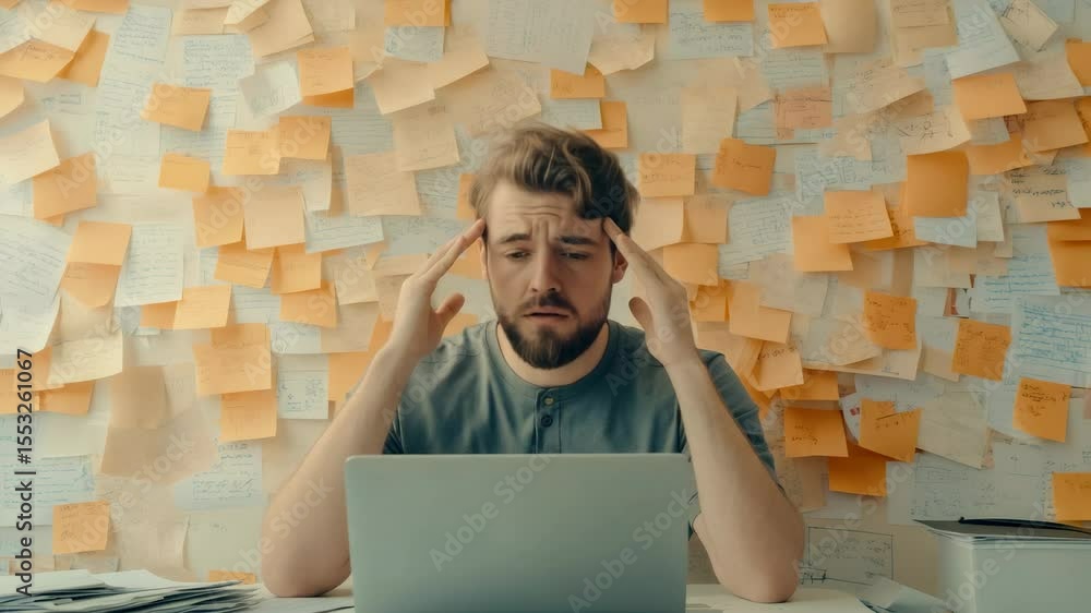 Poster stressed and tired office worker is suffering from headache, sitting in front of laptop with hands o
