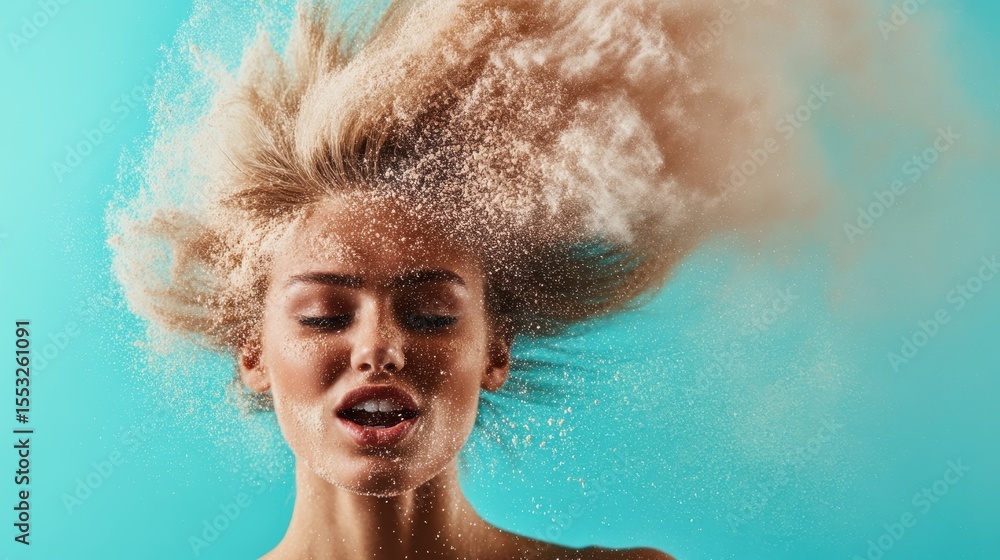 Poster a captivating portrait captures the dynamic beauty of a model as fine flour is thrown into the air, 