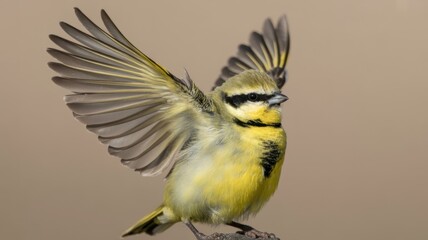 Obraz premium Yellow and black songbird with outstretched wings in flight