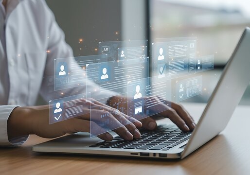 Person using laptop for resume review and candidate screening with futuristic interface
