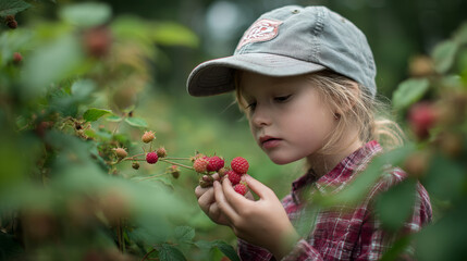 A young girl picking and examining fresh, ripe raspberries in a garden.