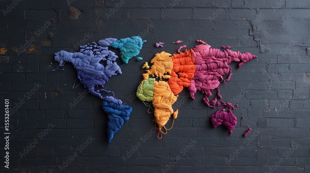 Poster a stunning representation of the world map crafted from colorful yarn creates a vibrant and artistic
