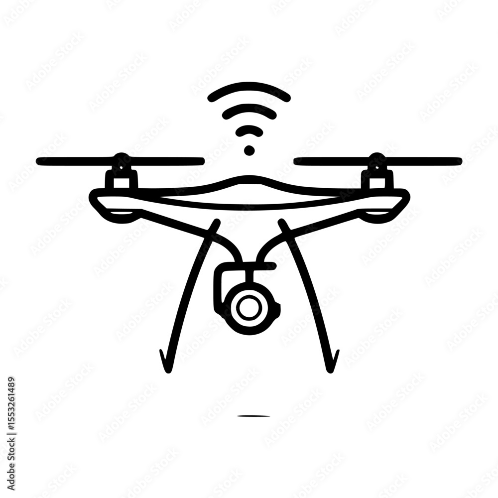 Poster a simple line drawing of a drone with a camera and signal waves above it.