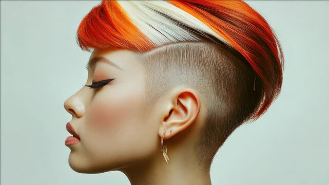 Cropped, side-parted hair with pops of color.