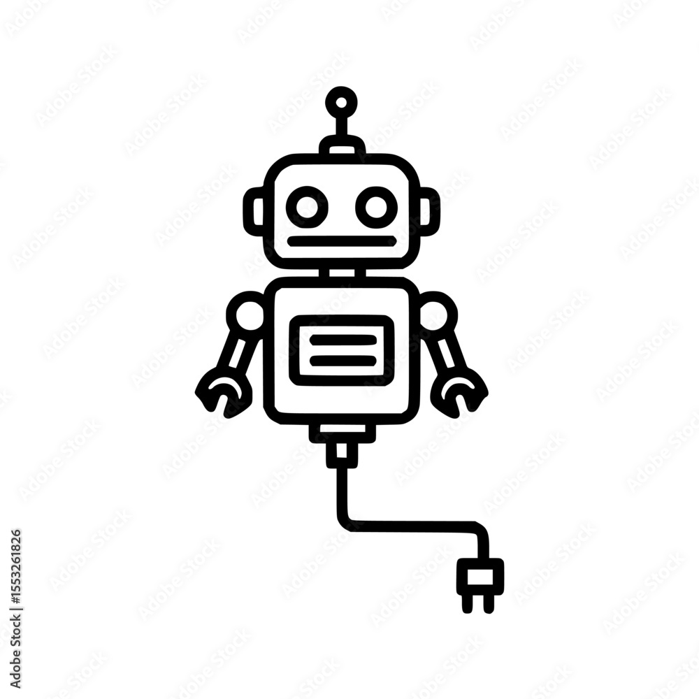 Poster simple outline illustration of a friendly robot character with a power cord.