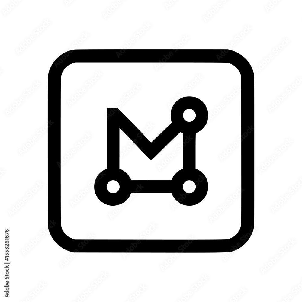 Poster abstract logo design featuring interconnected nodes and a stylized letter m within a bold square fra