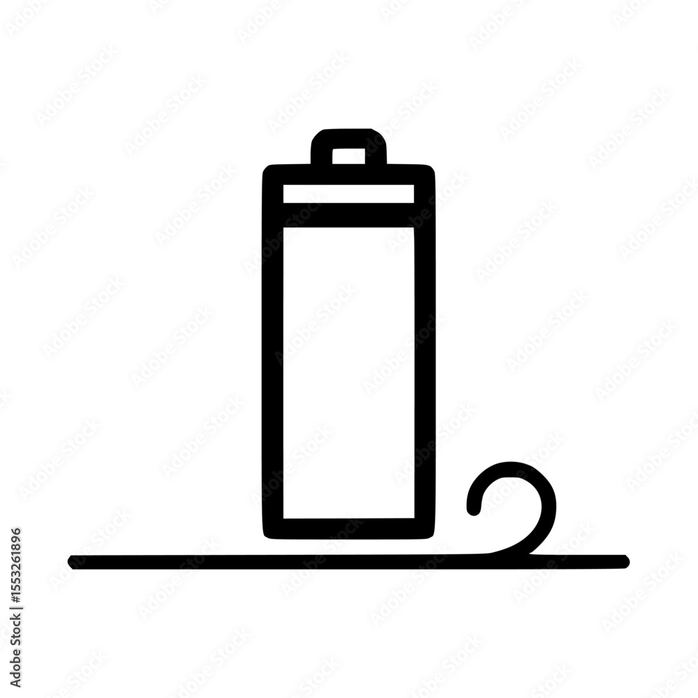 Poster a simple line drawing of a battery with a small swirl at the bottom, resting on a horizontal line.