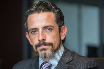 a male lawyer in his late thirties, clean-shaven with short wavy hair and a goatee, wearing a dark gray pinstriped suit