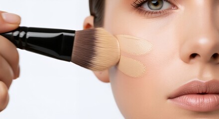 Foundation brush applying liquid makeup on skin. Macro beauty close up. Cosmetics application concept. Image for banner, poster, wallpaper and advertisement