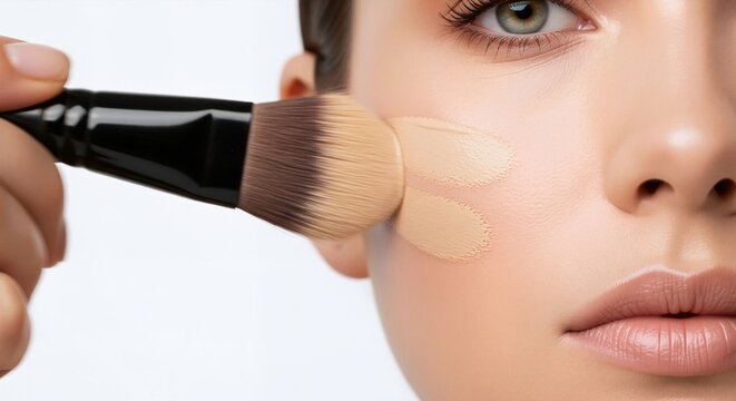 Foundation brush applying liquid makeup on skin. Macro beauty close up. Cosmetics application concept. Image for banner, poster, wallpaper and advertisement