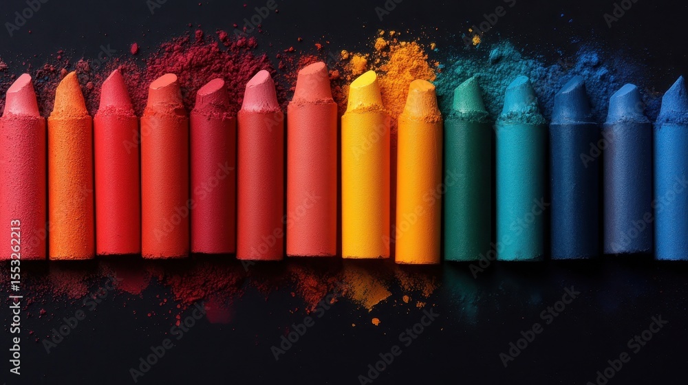 Poster an array of brightly colored crayons arranged in a spectrum, showcasing creativity and artistic expr