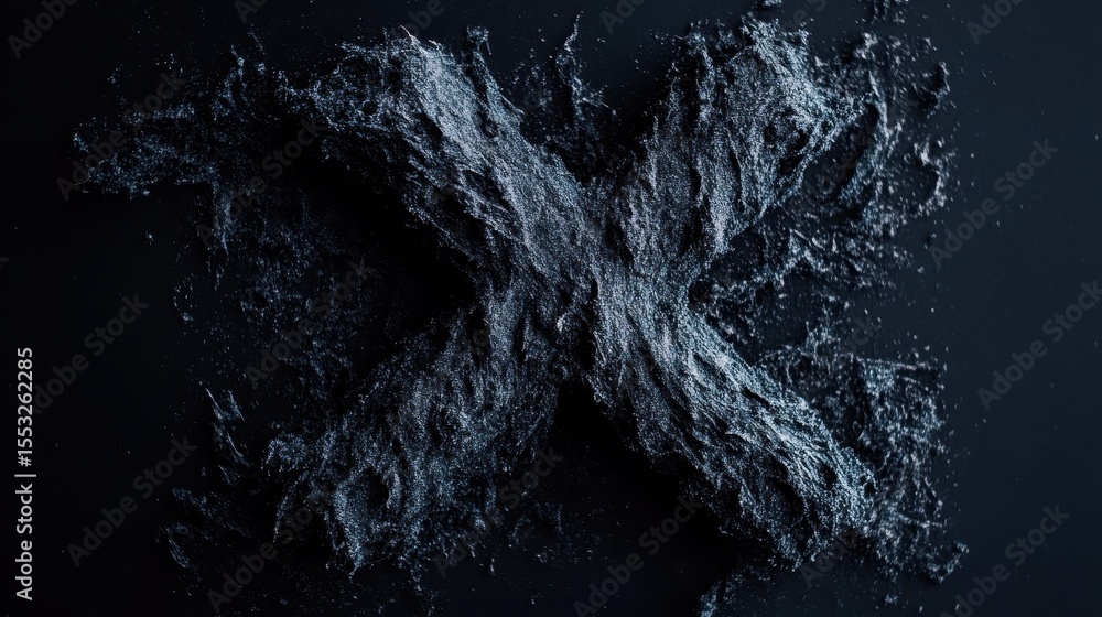 Poster a dynamic and textured representation of an 'x' created with dark fibers, showcasing layers and dept
