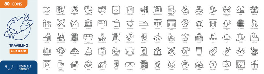 traveling line editable icon set. Contain icons related to vacation, holiday recreation, leisure, entertainment,  traveling, tourism, and more. Editable stroke. Vector illustration