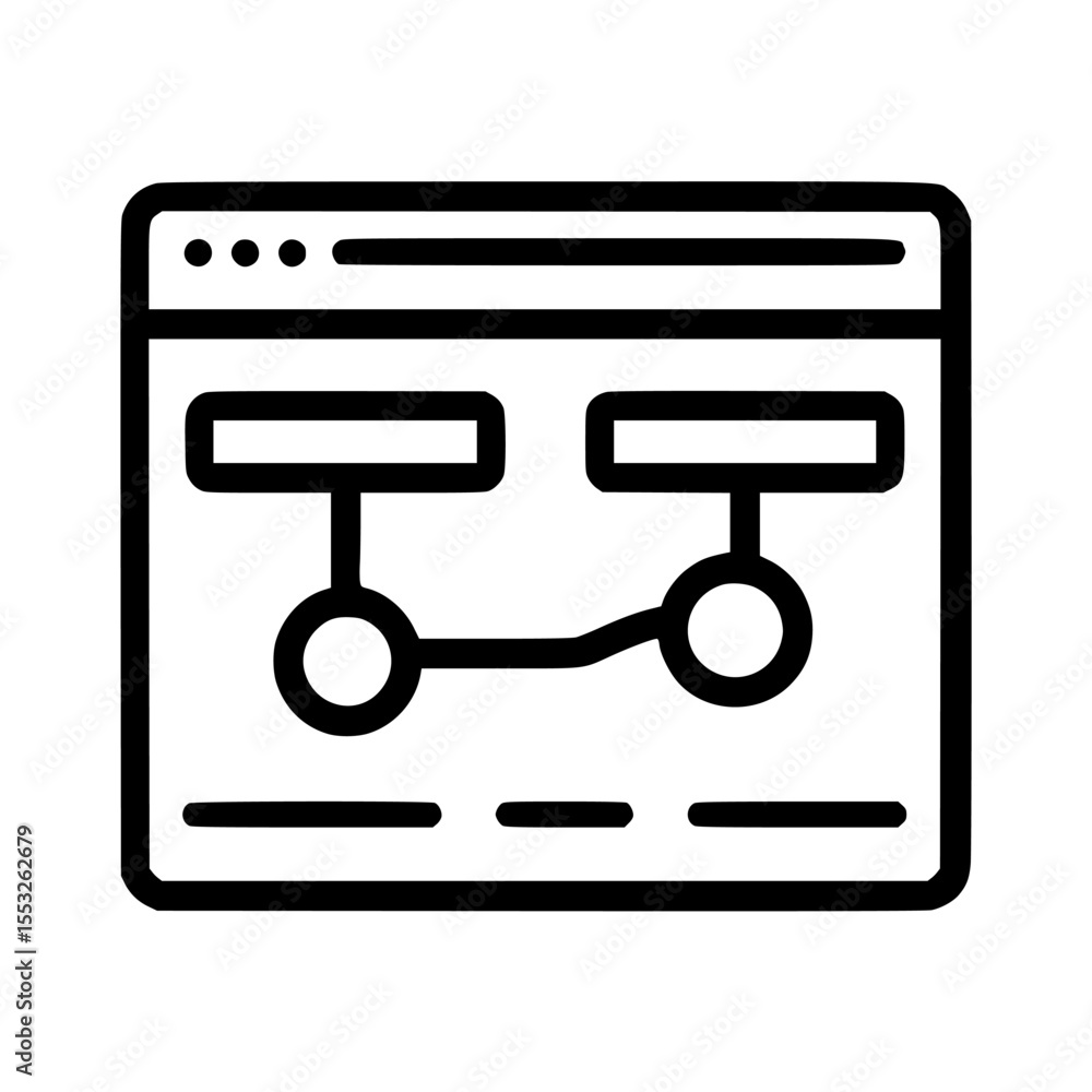 Poster a simplified line drawing illustrating a website interface with a connected flowchart diagram.