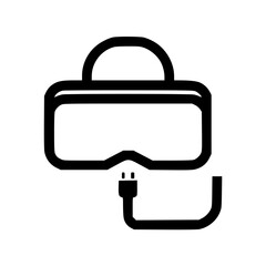 Black and white line drawing of virtual reality headset with attached cable.