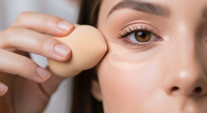 Woman applying concealer with sponge under eye on gray background. Beauty routine portrait. Concealer and skincare concept. Image for banner, poster, wallpaper and advertisement