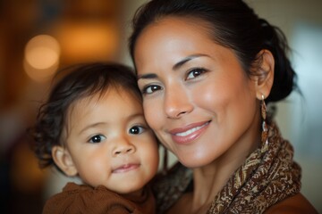 an attractive Hispanic woman with her child, smiling at the camera