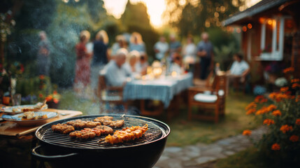 A barbecue party with friends and family in a backyard setting on a warm summer evening.
