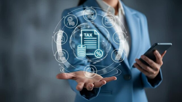 Businesswoman tax document finance digital icon technology mobile phone futuristic financial management and accounting innovation, percentage audit, and online payment solutions with smartphone