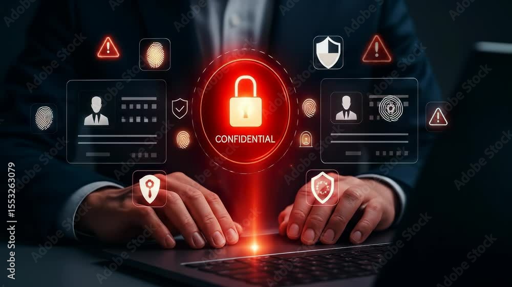 Poster confidential data protection, cybersecurity, digital privacy, and secure information access with glo