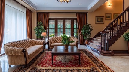 Elegant luxury hotel lobby reception area, featuring plush furnishings, grand decor, and a warm, welcoming ambiance for guests.