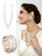 Woman smiling wearing diamond jewelry set including necklace earrings ring and several bracelets