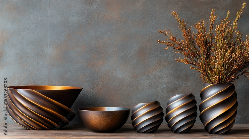 Poster an array of intricately designed bronze vases displayed against a textured wall, showcasing their ar